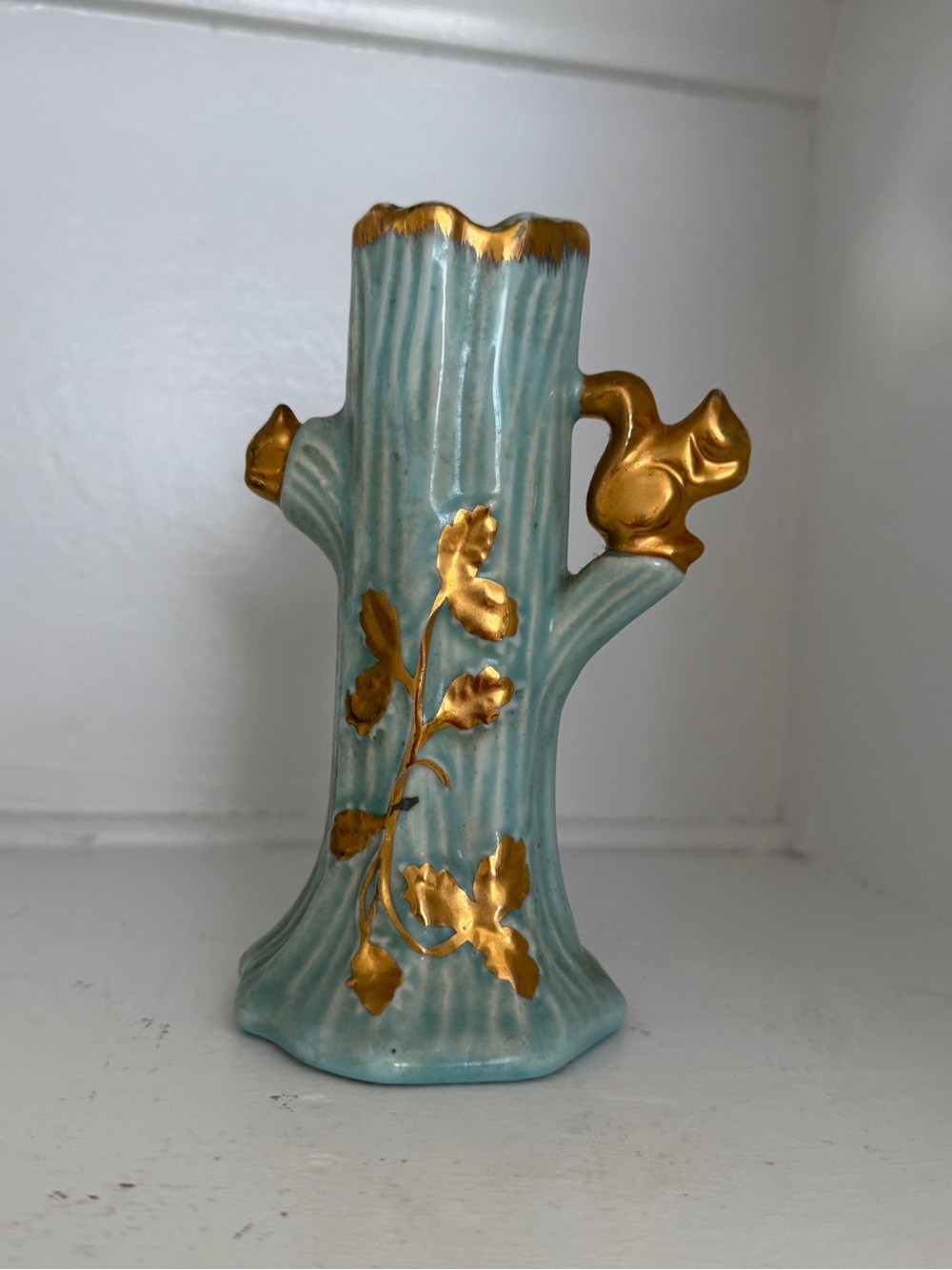 Vintage Turquoise and Gold Ceramic Tree-Stump Vase